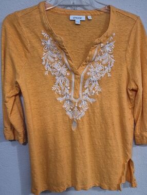 Chico's Golden Orange Embroidered V-Neck Tunic